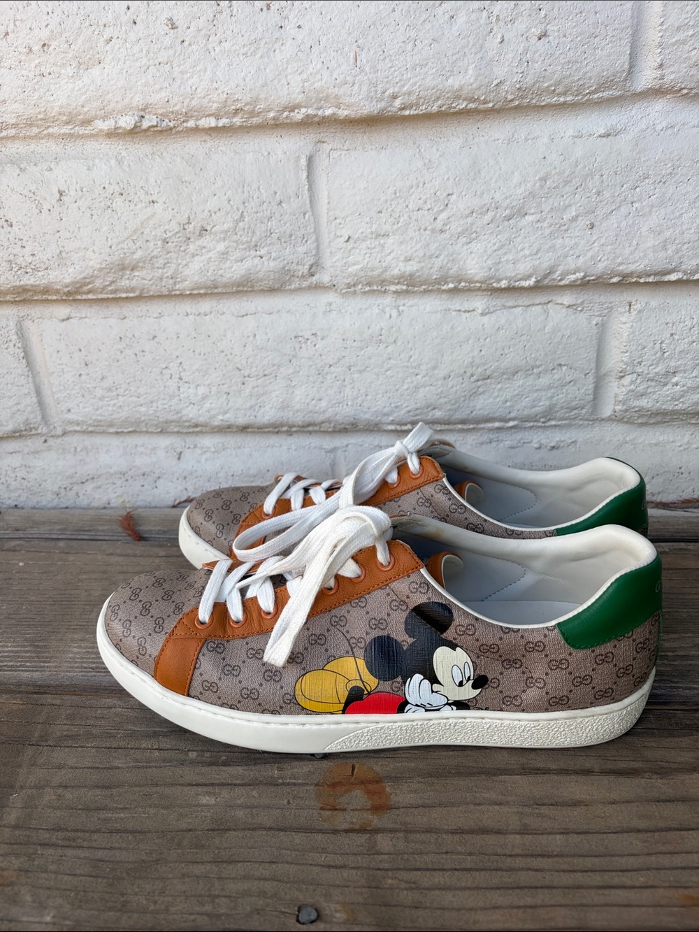 Gucci Brown Beige Monogram Mickey Mouse Sneakers with Green Heel